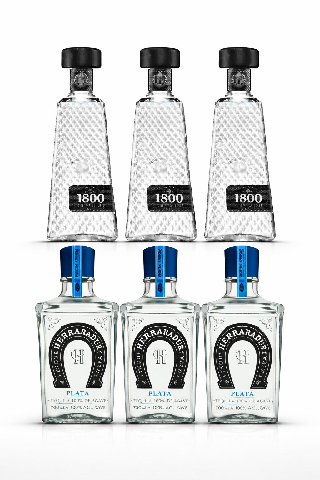 3 Botellas 1800 Cristalino 700ml y 3 Botellas Herradura Plata 700ml