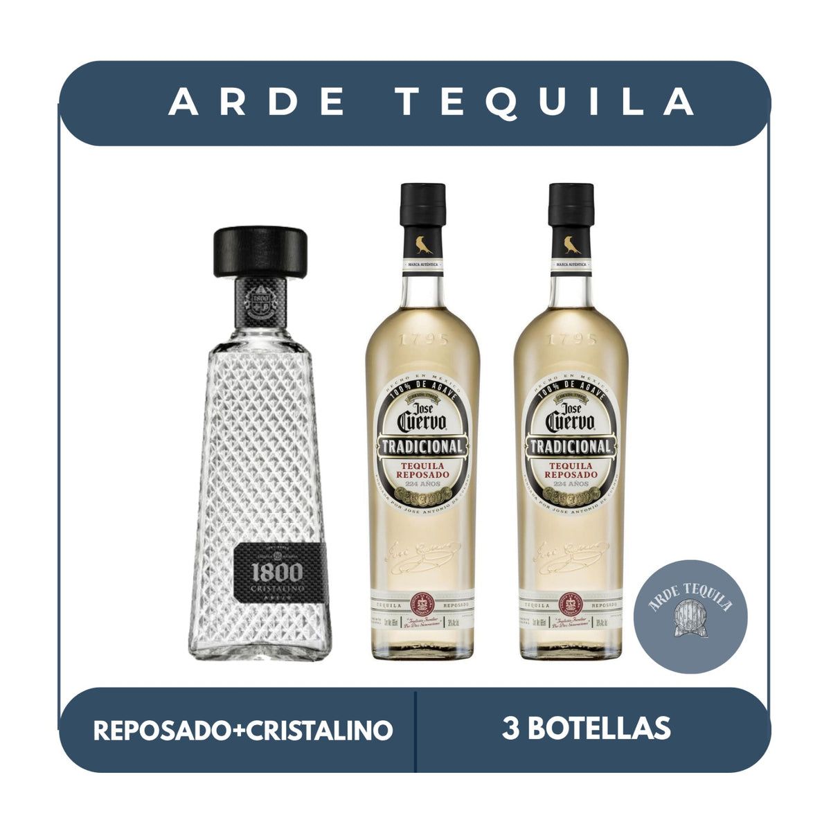 1 Botella 1800 Cristalino 700ml y 2 Botellas Tradicional Reposado 950ml