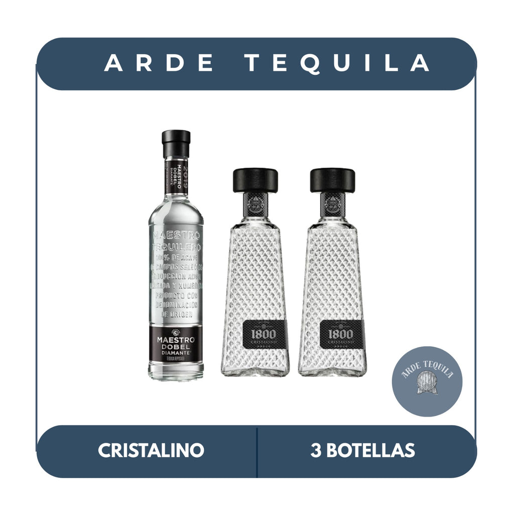 1 Botella Dobel Diamante 700ml y 2 Botellas 1800 Cristalino 700ml