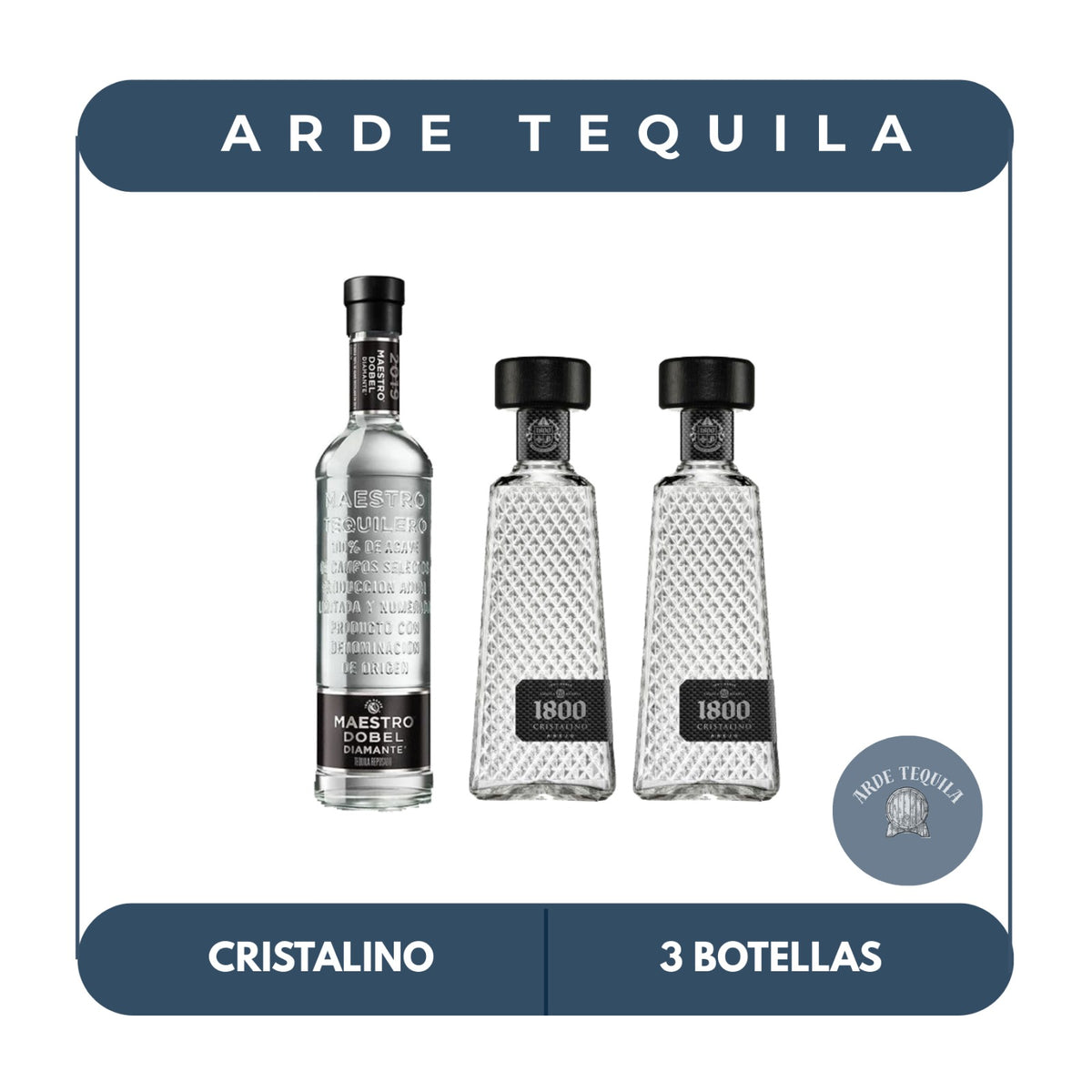 1 Botella Dobel Diamante 700ml y 2 Botellas 1800 Cristalino 700ml